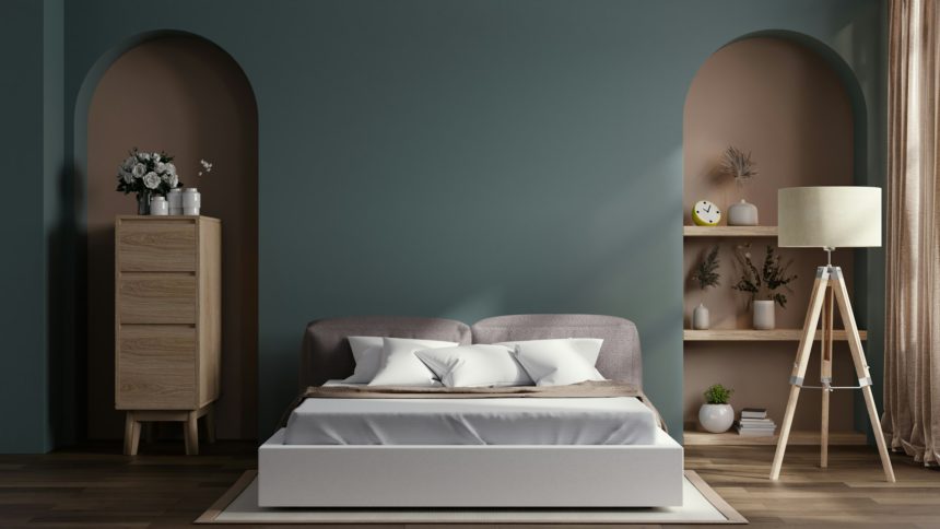 Cozy green bedroom with furniture decor accessories